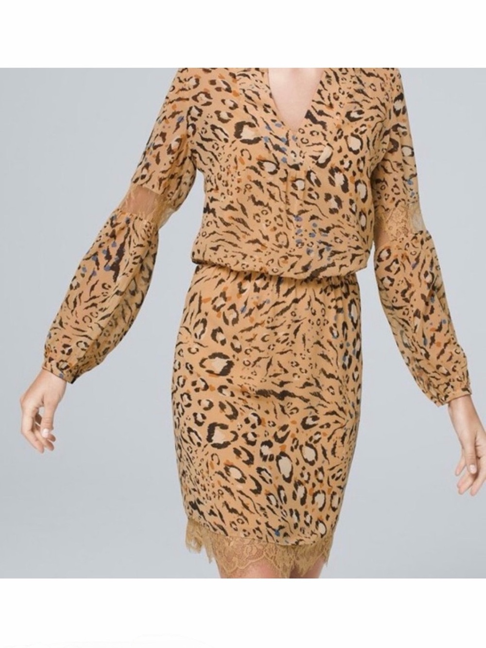 White House Black Market Camel Leopard Print Long Sleeve Dress